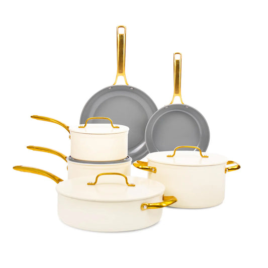 10pcs Golden Handle Ceramic Nonstick Cookware Set By Chef Power Sunray Series Oven Safe Kitchen Dining Pan Pot Utility white aesthetic cookware Frying